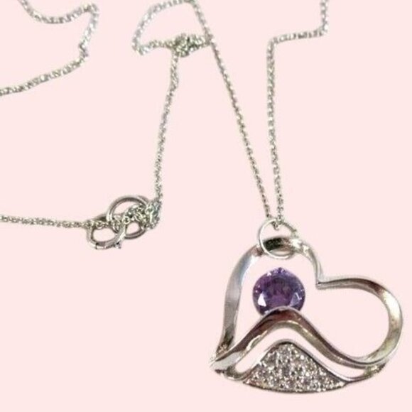 Sterling Silver Amethyst and Rhinestone Heart Pendant Necklace - Picture 3 of 12